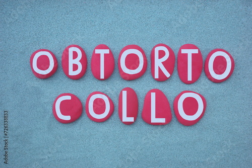 Obtorto collo, latin phrase used in common parlance to indicate acceptance, against their will, of external impositions, creative text composed with hand painted red colored stone letters 