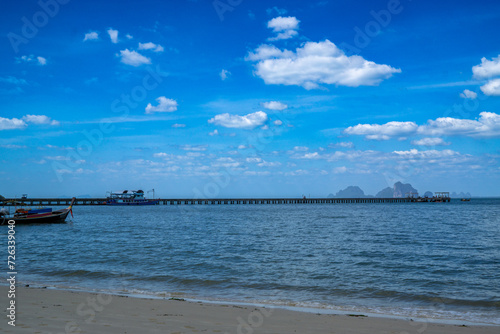 View of tropical island with white sand and turquoise crystal clear sea water. 