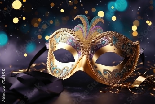 Golden Carnival mask on dark background. Mardi Gras concept. Festive background or design.