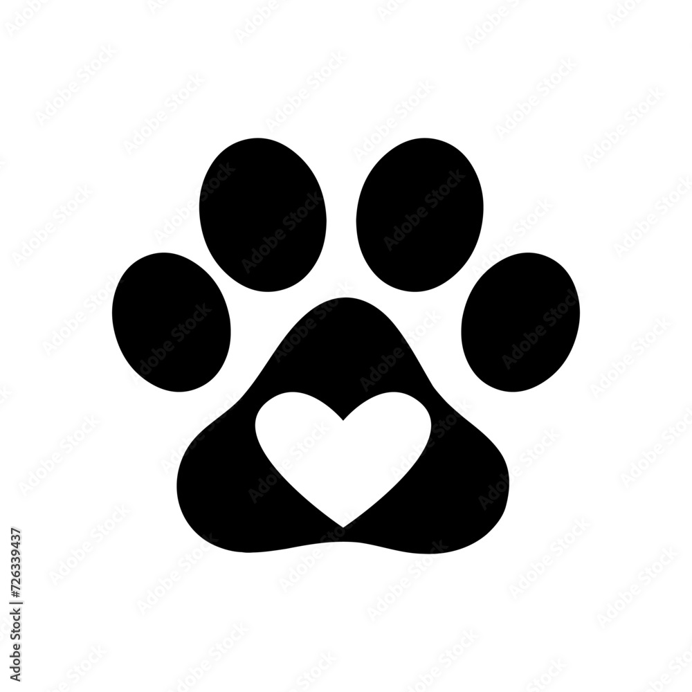 Heart with paw. Traces of dogs or cats. Vector isolated silhouette. Heart with paw. Traces of dogs or cats. Vector isolated silhouette.