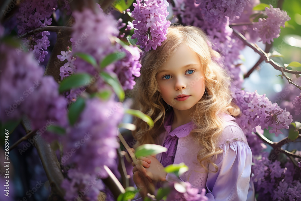A little cute girl stands next to the flowering branches in the spring. A little cute girl stands next to the flowering branches in the spring.