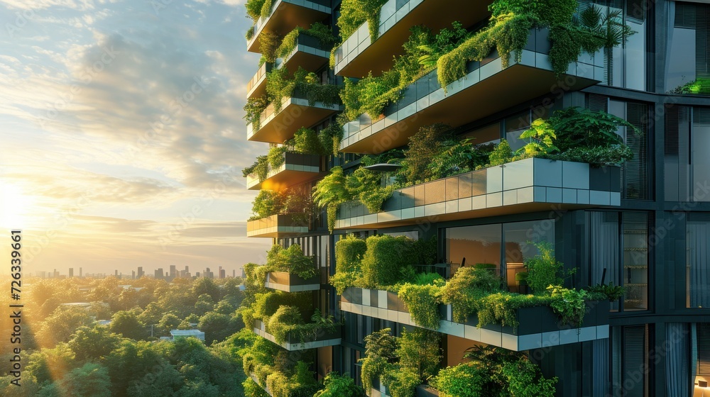 Modern and eco-friendly skyscrapers with many trees on each balcony. Modern architecture, vertical gardens, terraces with plants