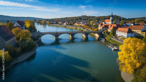 Aerial view of Ston Bridge over Danube River
