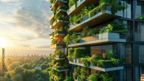 Modern and eco-friendly skyscrapers with many trees on each balcony. Modern architecture, vertical gardens, terraces with plants