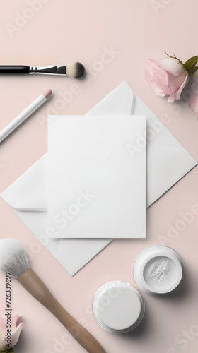 An empty white card and envelope surrounded by roses and makeup brushes on a light pink background. Clean, minimalist beauty aesthetic. 