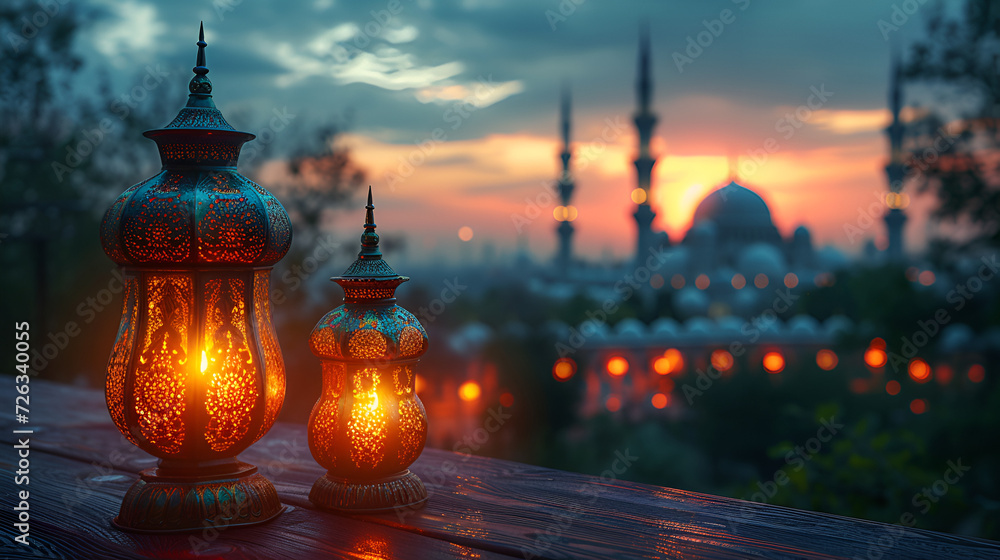 Obraz premium Ramadan 3-5 lanterns with mosque background