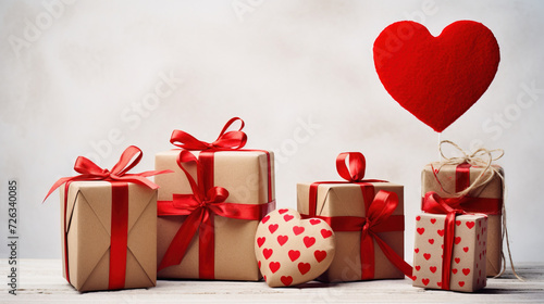 Gift boxes and paper hearts on white background. Created with Ai