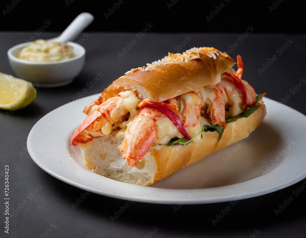 Closeup Photo of New England Lobster Roll on a white plate with black background Closeup Photo of New England Lobster Roll on a white plate with black background