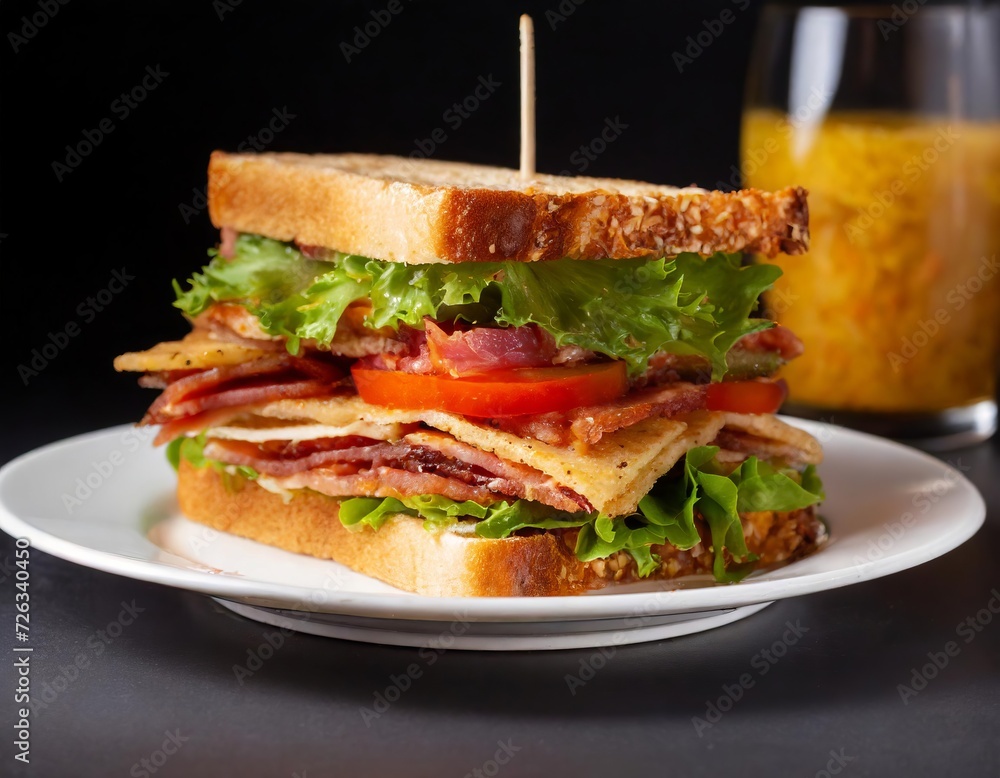 Closeup Photo of BLT Sandwich on a white plate with black background Closeup Photo of BLT Sandwich on a white plate with black background
