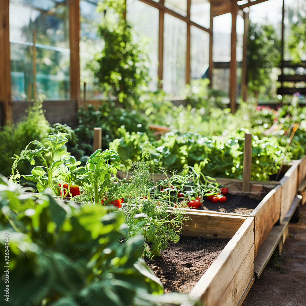 Tomato Vegetable Garden in the greenhouse. generative AI