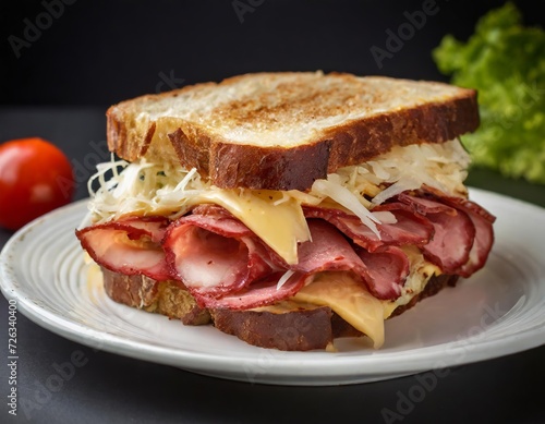 Closeup Photo of Reuben Sandwich on a white plate with black background