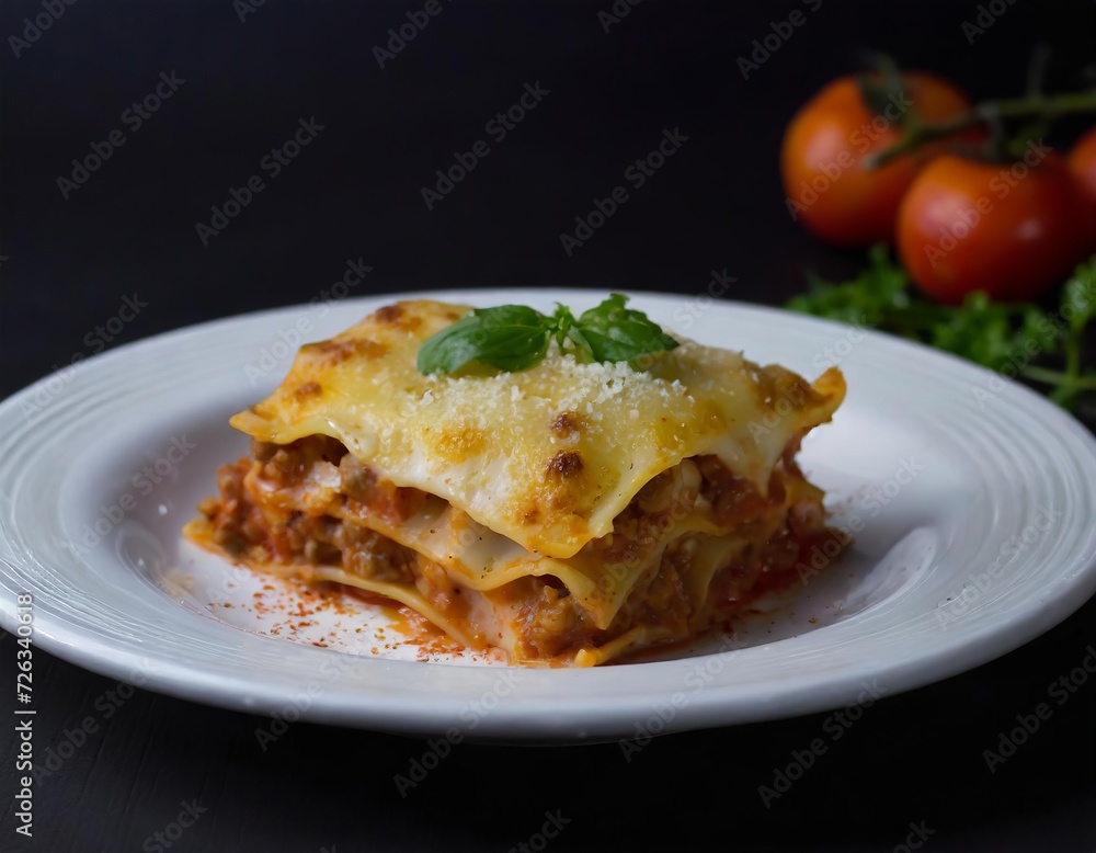 Closeup Photo of Lasagna on a white plate with black background