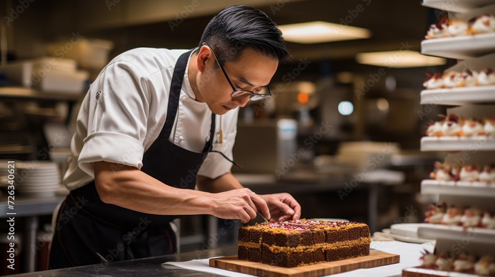 Close-up of an experienced Asian male pastry chef in an apron decorating a cake in the kitchen. Bakery, pastry shop, desserts and food concepts.