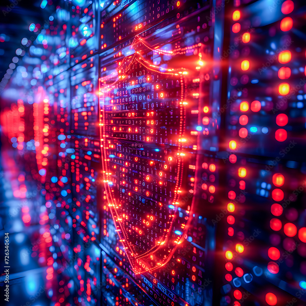 custom made wallpaper toronto digitalA digital shield icon projected over server racks symbolizes advanced data center security.
