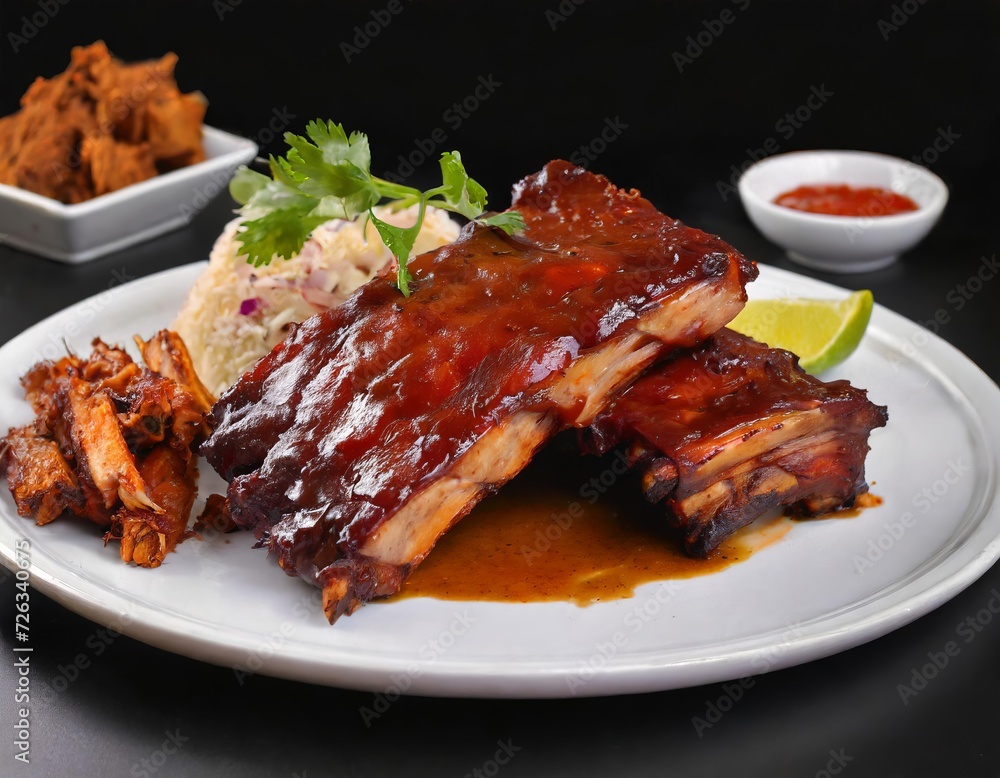 Closeup Photo of BBQ Ribs & Pulled Pork on a white plate with black background