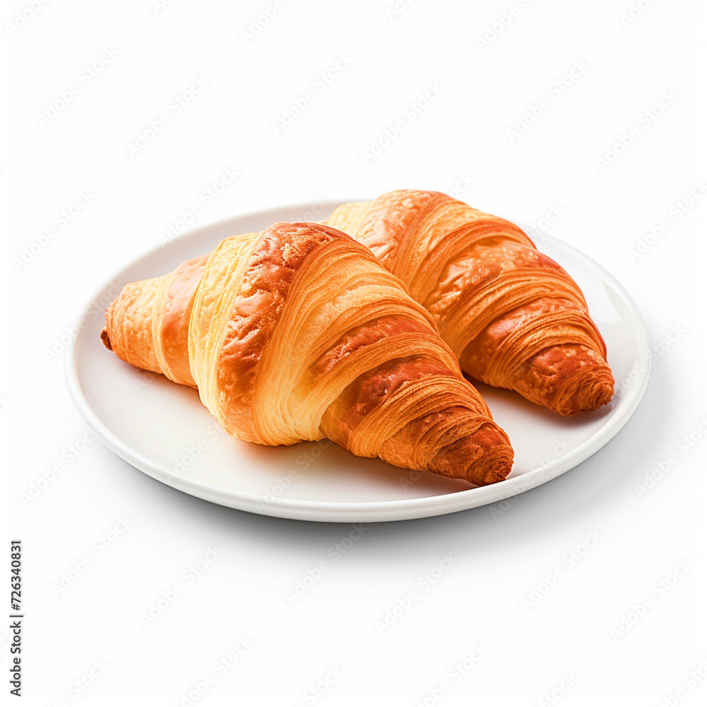Crispy croissants on a plate with isolated white background - ai generative