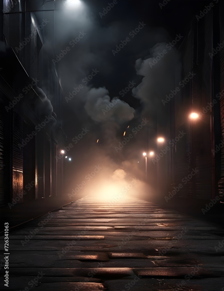 3D Rendering abstract asphalt light in dark street and smoke on black background Generative AI
