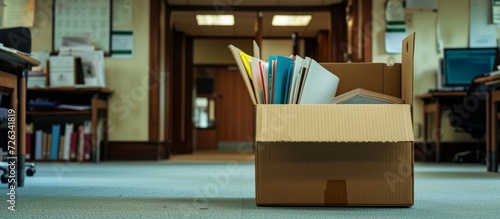 During the move, there is a box on the floor containing folders and office supplies made of cardboard.