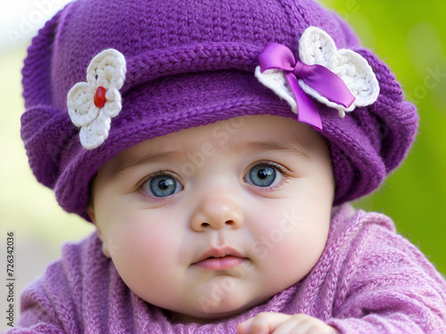 A portrait of a little girl with white flower in purple hat