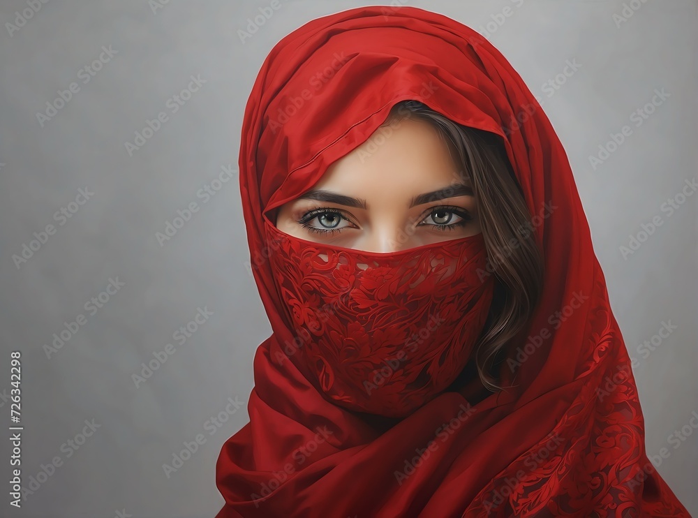 Naklejka premium Young woman with face covered by red shawl from Generative AI
