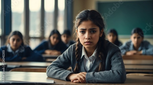 A sad and stressed depressed school girl victim of school bullying, alone sitting in school from Generative AI photo