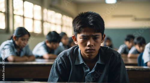 A sad and stressed depressed filipino school boy victim of school bullying, alone sitting in school from Generative AI photo