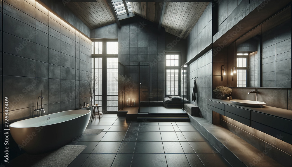 Interior of a spacious loft bathroom designed with a spa concept. The bathroom features dark grey tiled walls, creating a modern and sophisticated