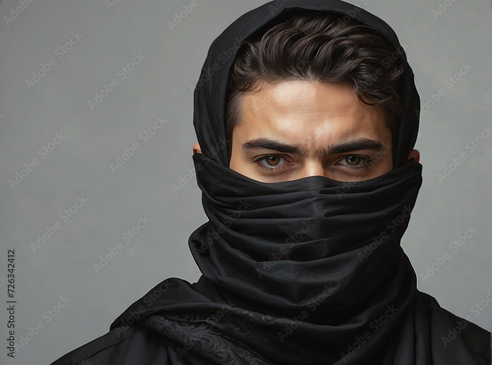 Young man with face covered by black shawl from Generative AI Young man with face covered by black shawl from Generative AI