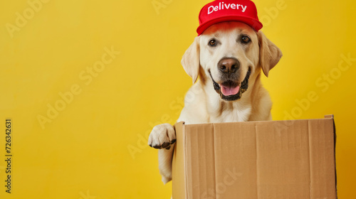 Happy Labrador Retriever in a red cap with Delivery sign, holds cardboard box package on yellow background with copy space. Funny dog postman or courier. Pet products online shopping