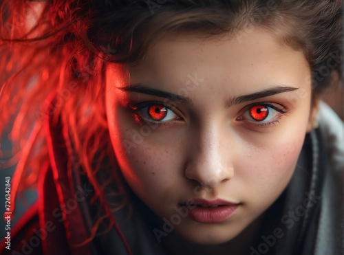 Closeup detailed of staring red eyes of young woman from Generative AI