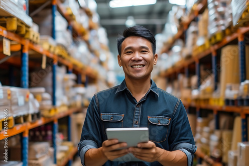 Asian salesman smiling holding a tablet and checking the stock and supplies in a warehouse