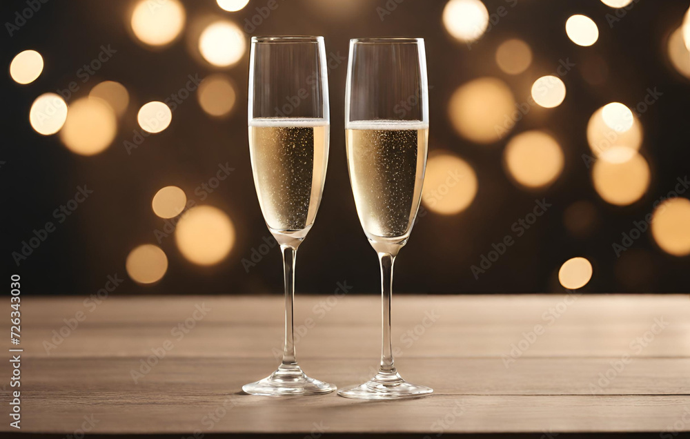 Champagne glasses against holiday lights and new year fireworks
