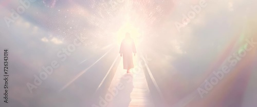 A serene figure walks towards celestial light on a path to the heavens photo