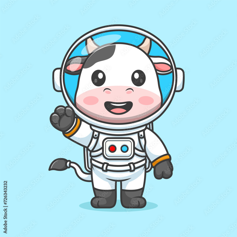 Cute cow astronaut standing and waving hand cartoon vector icon illustration animal science icon concept isolated Cute cow astronaut standing and waving hand cartoon vector icon illustration animal science icon concept isolated