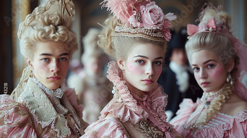 Three young people dressed in sumptuous 18th-century attire standing in a richly decorated interior. photo
