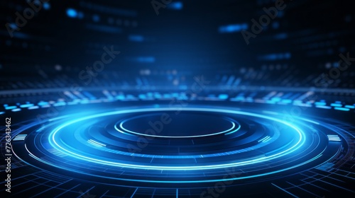Vibrant blue technology background with abstract digital tech circles - copy space available