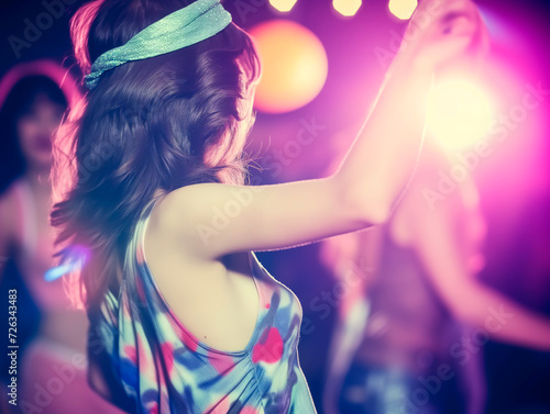 Retro club atmosphere with people dancing, shallow depth of field, vintage vibe.