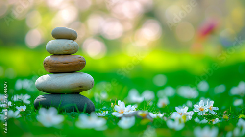 Zen stones in spring garden, tranquil and serene. Meditation and mindfulness themed wallpaper.