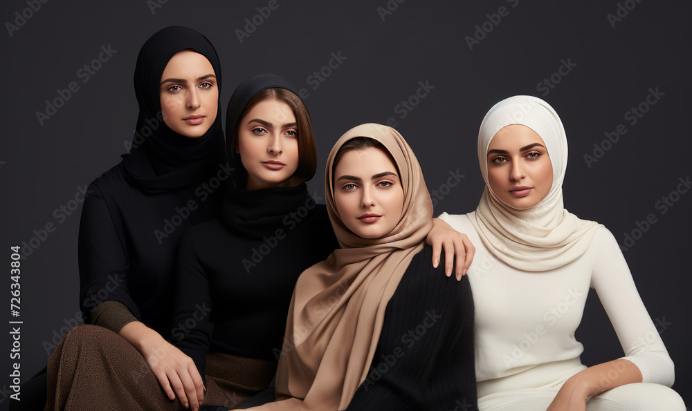 Elegant young women wearing hijabs posing together in studio