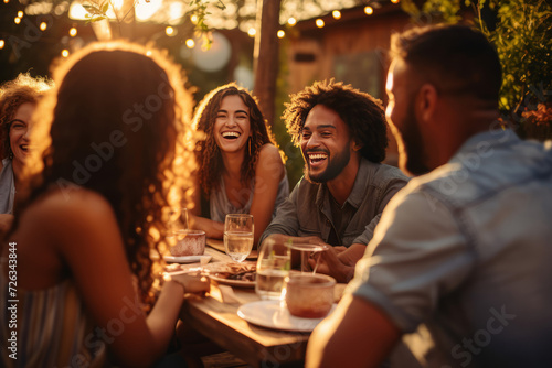 Friends laughing and enjoying dinner at sunset outdoor party