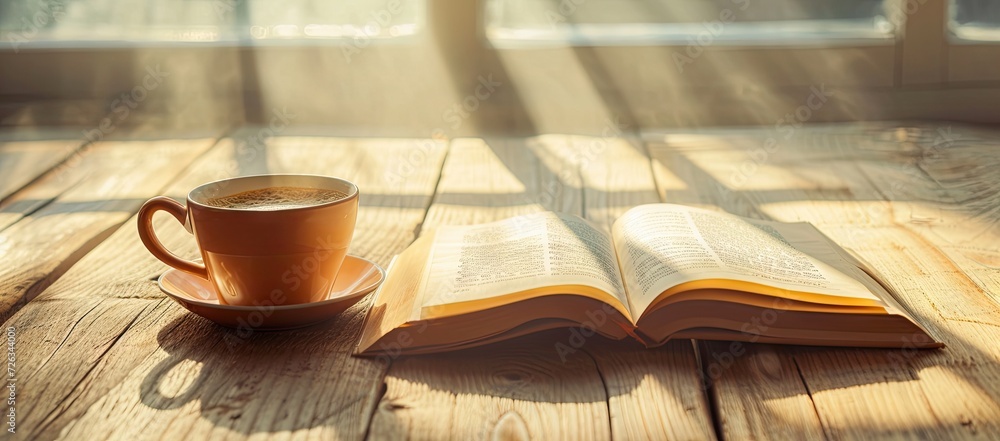 Vintage morning scene with hot cup of coffee and open book on wooden table reflecting relaxing and educational lifestyle ideal for concepts of leisure work study and knowledge set in cozy home or cafe