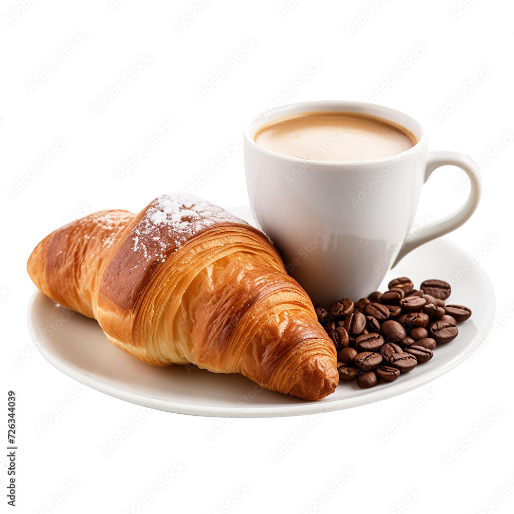 cup of coffee and croissant isolated on transparent background Remove png, Clipping Path, pen tool, white cup of coffee and croissant isolated on transparent background Remove png, Clipping Path, pen tool, white