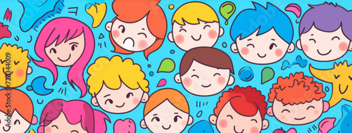 Colorful cartoon faces of children with various expressions and hairstyles