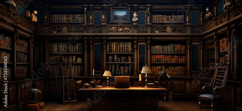  old library with many books, colorful woodcarvings, rich, painterly surfaces , old books,stand the test of time , Table Lamps,Office, lighting,frame,wooden floor