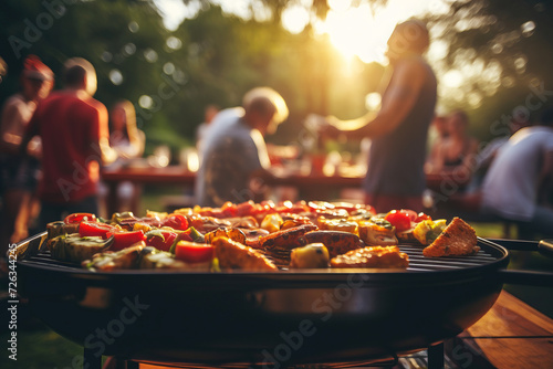 Summer barbecue party atmosphere with friends enjoying backyard cookout