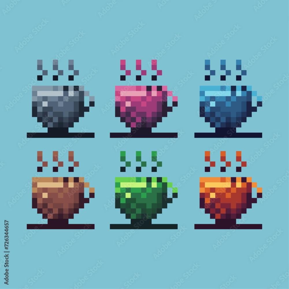 Pixel art sets icon of cup of coffee variation color. coffee icon on pixelated style. 8bits perfect for game asset or design asset element for your game design. Simple pixel art icon asset.
