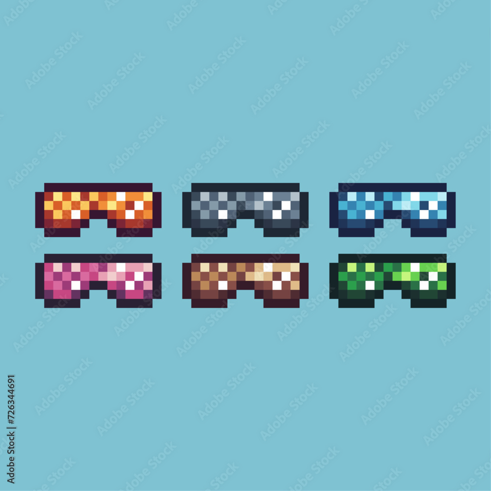 Obraz premium Pixel art sets icon of glasses variation color. Glasses icon on pixelated style. 8bits perfect for game asset or design asset element for your game design. Simple pixel art icon asset.