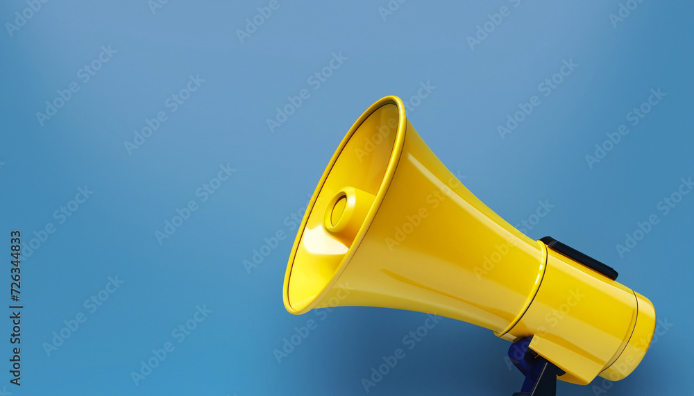 Yellow megaphone loudspeaker on a blue background