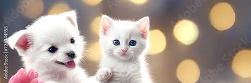 Kitten and puppy. Dog and cat with flowers. Pair. Abstract glowing background. Valentine's Day. The 14th of February. Valentine's Day. Birthday. March 8. Template for the site.