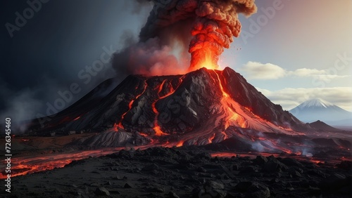 A volcano and a lava. Volcano eruption concept background. generative, ai.